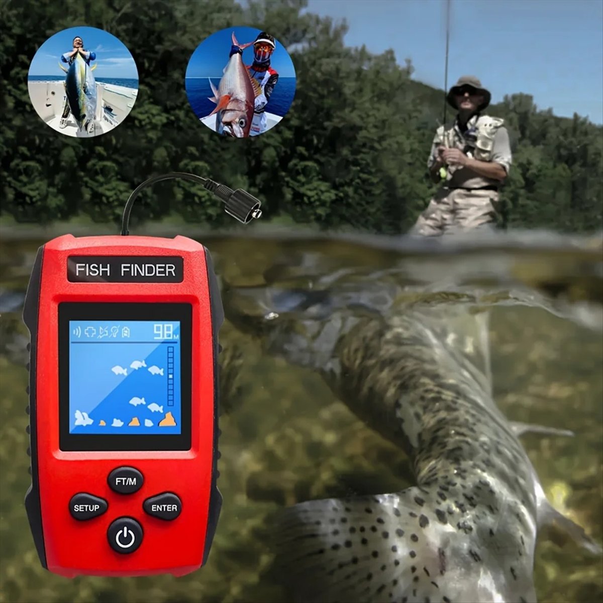 Fish Finder Transducer - Détecteur de poisson LCD couleur, transducteur